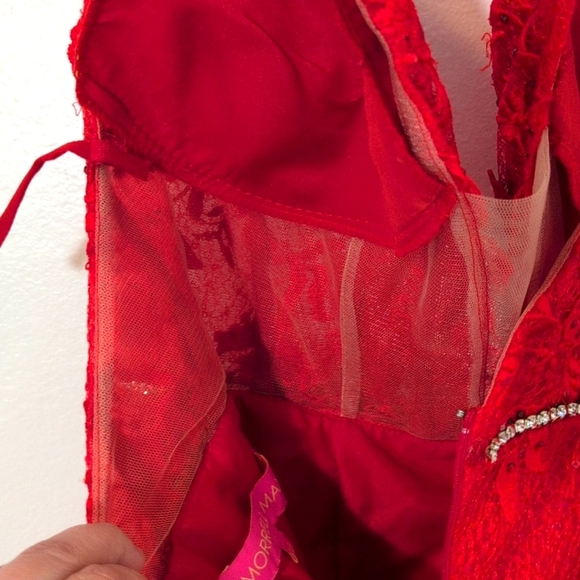 Morrell Maxi Red Lace Corset Dress Rhinestones Cami Straps Prom Hoco Formal 10 - Picture 11 of 15